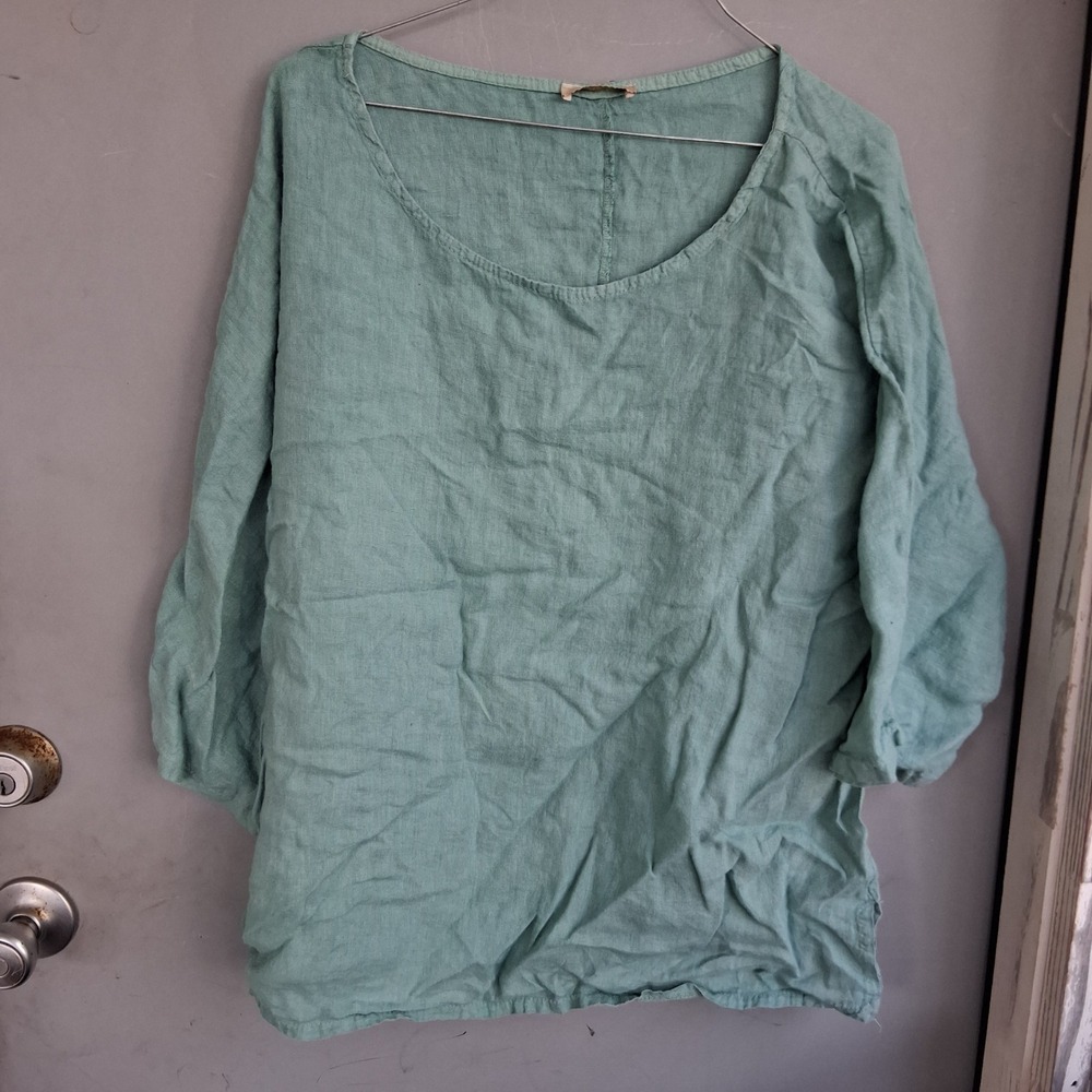 Coastal Giusy Italy 100% Linen Blouse Seafoam Green Scoop Neck Tunic Blouse L